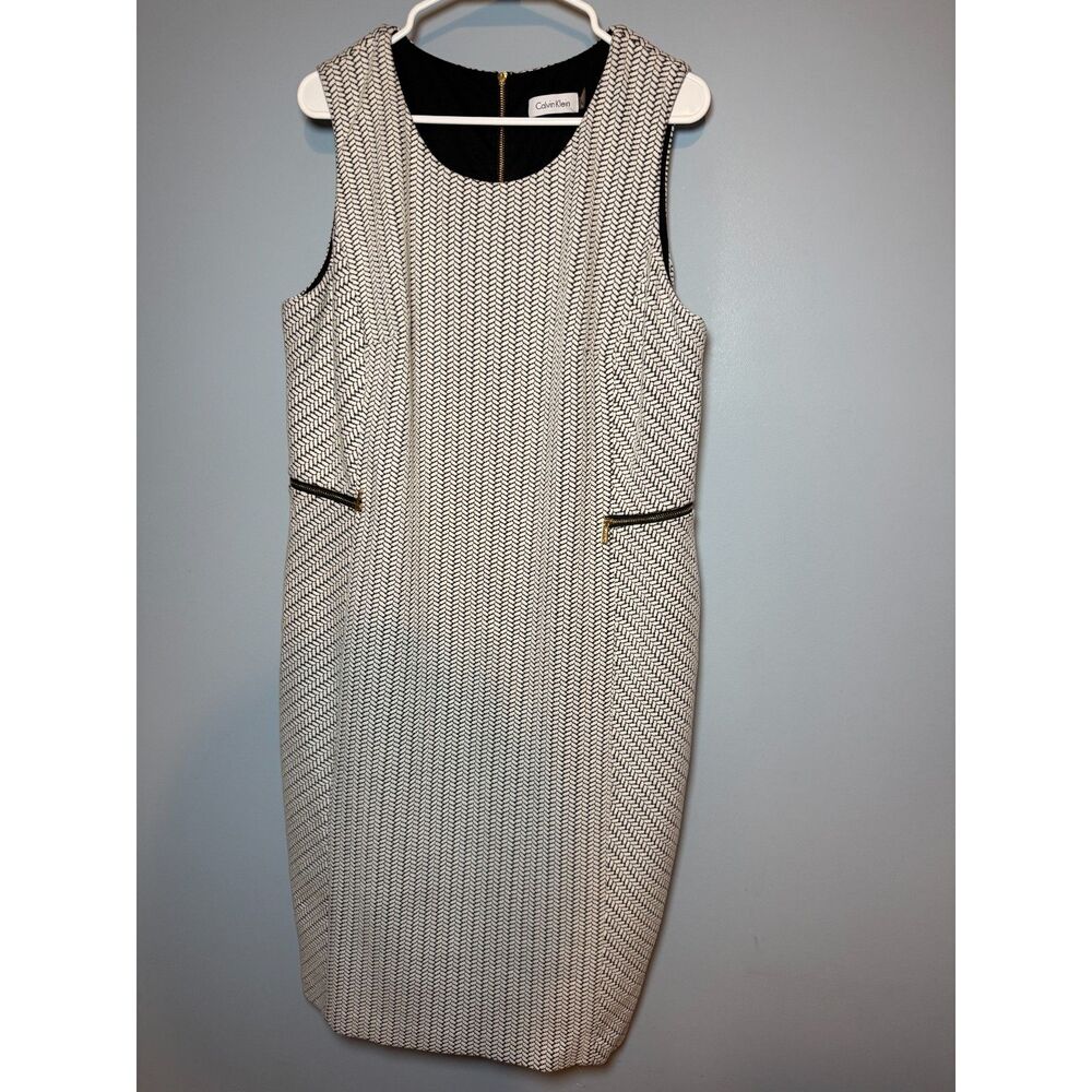 Calvin Klein Black White Tweed Herringbone Sheath Dress Gold Zipper Accents
